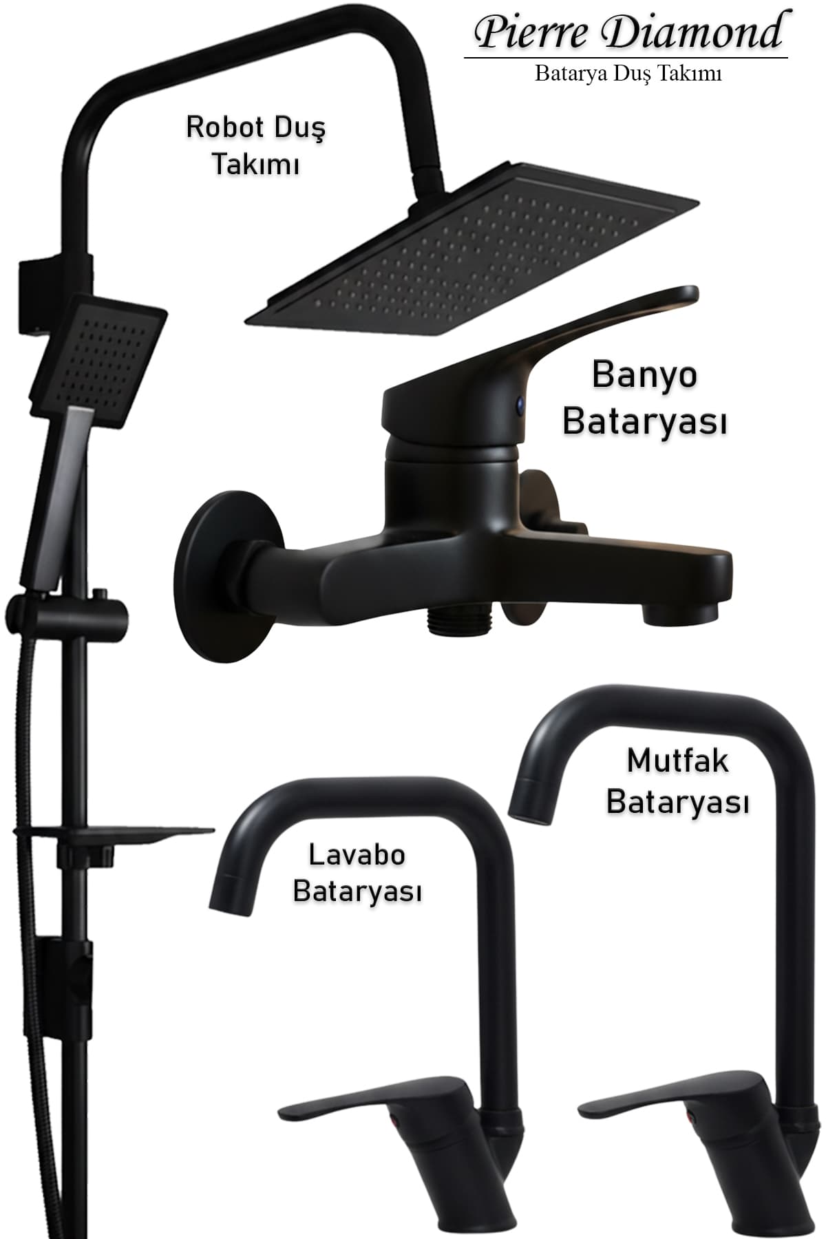 tesitay Siyah Lavabo Banyo Mutfak Bataryası Ve Robot Duş Siyah Banyo Seti Armatür Musluk Batarya Duş Irmak