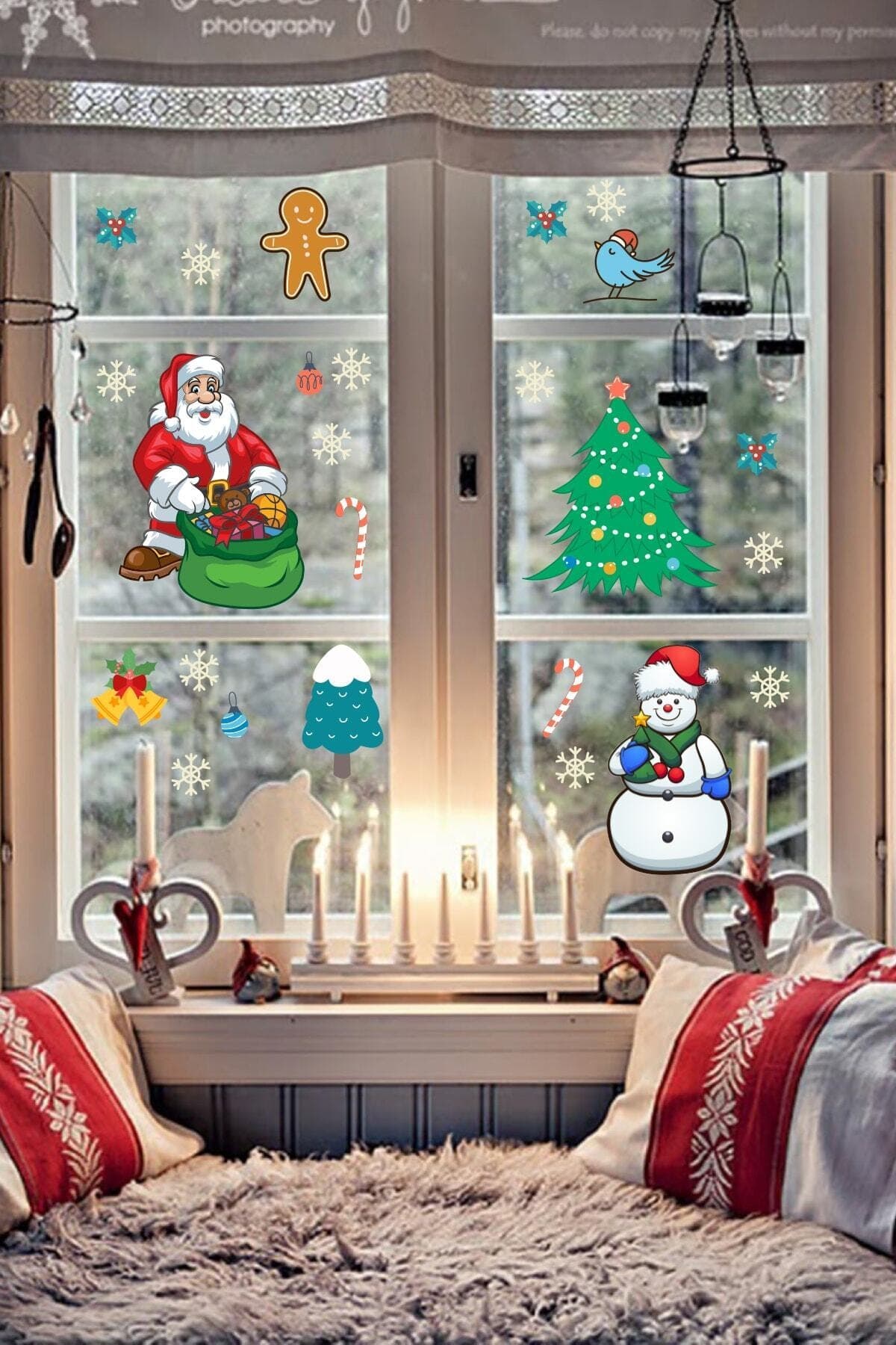 AMORİS Yılbaşı Sticker Noel Baba Ve Kardan Adam Temalı Çocuk Bebek Odası Cam Duvar Seti
