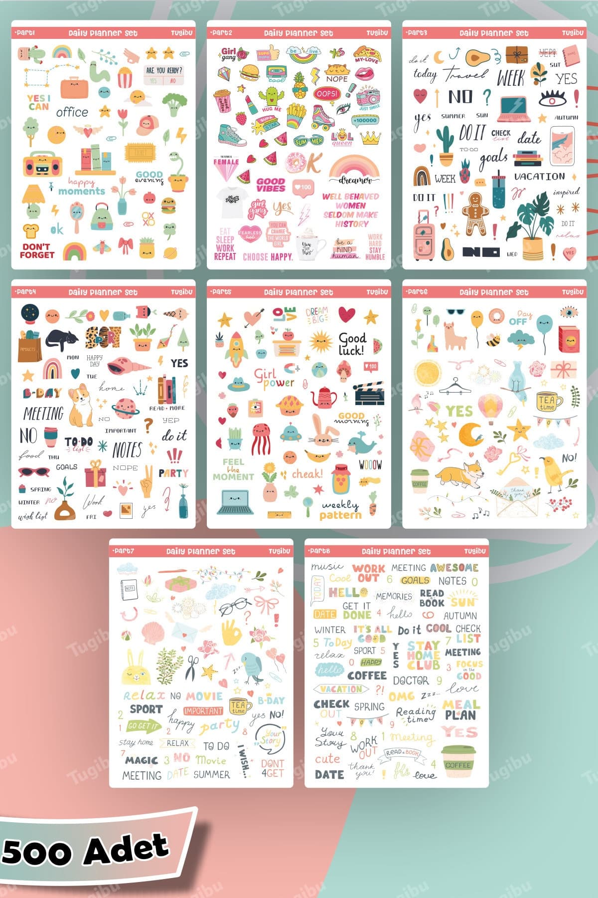 TUGİBU Sticker Haftalık Planlayıcı Planner Etiket Seti ,ajanda, Defter, 500 Adet