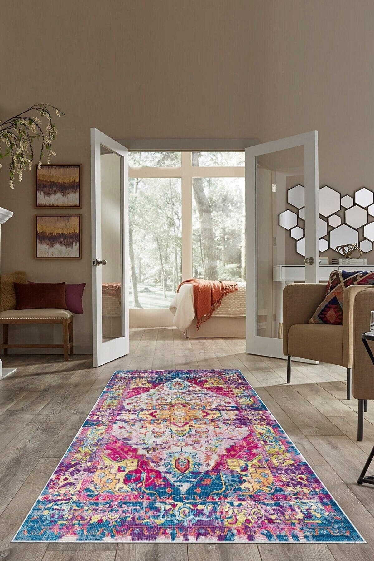 Pelangi Çok Renkli Osmanlı Motif Eskitme Yıkanabilir Kaymaz Taban Leke Tutmaz Modern Salon Halısı Ve Yolluk