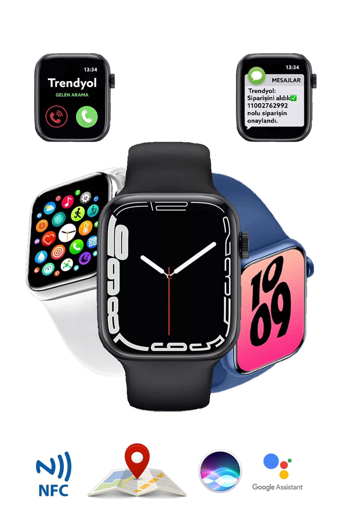 TECHNOMEN Watch 7 Smartwatch 2022 Yeni Akıllı Saat Bluetooth Çağrı Konum Takip Siri Nfc Android Ios.