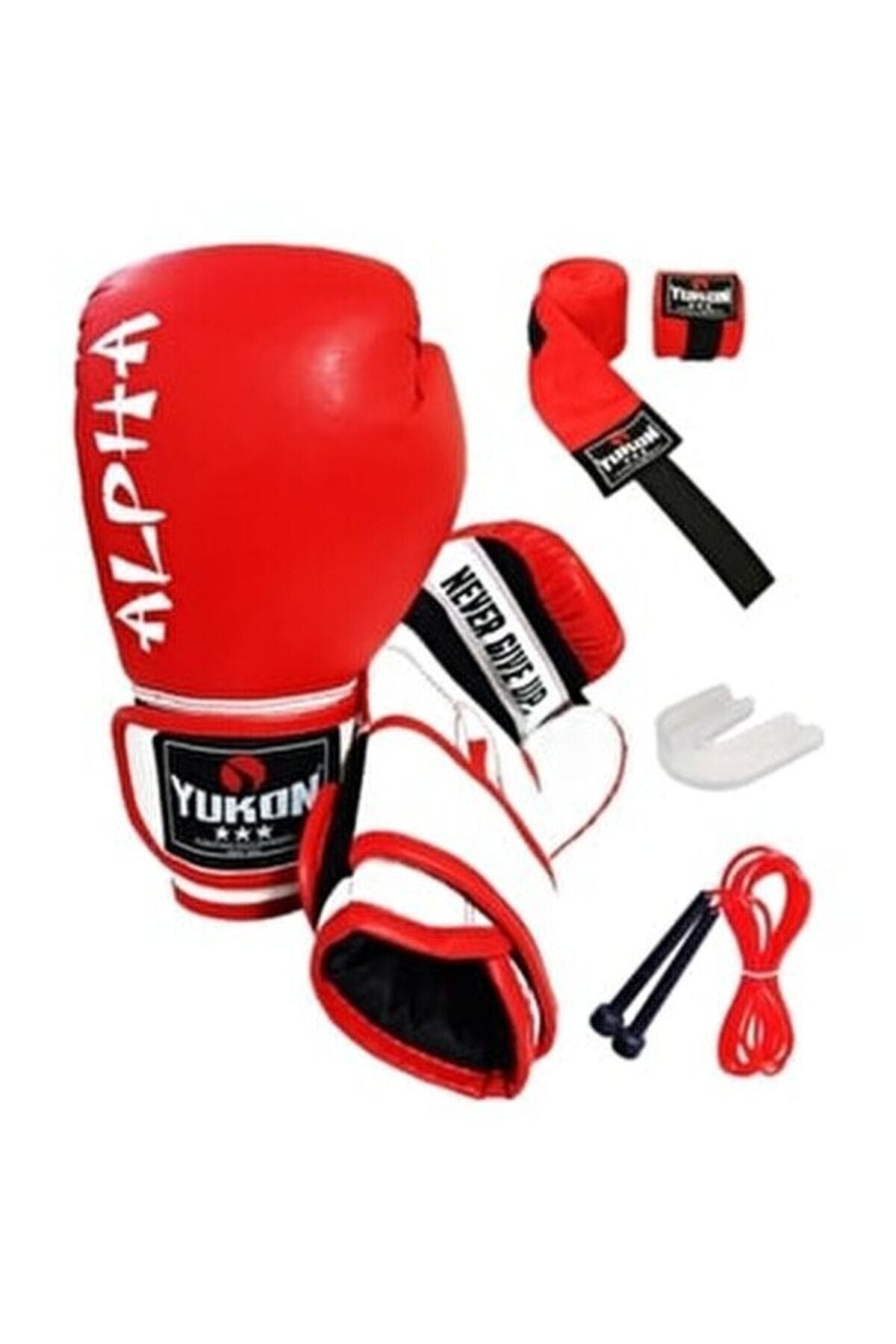 Yukon Alpha Boks Eldiveni Kırmızı + Boks Bandajı + Dişlik + Atlama Ipi - 4'lü Set 4 - 6 - 8 - 10 - 12 Ons
