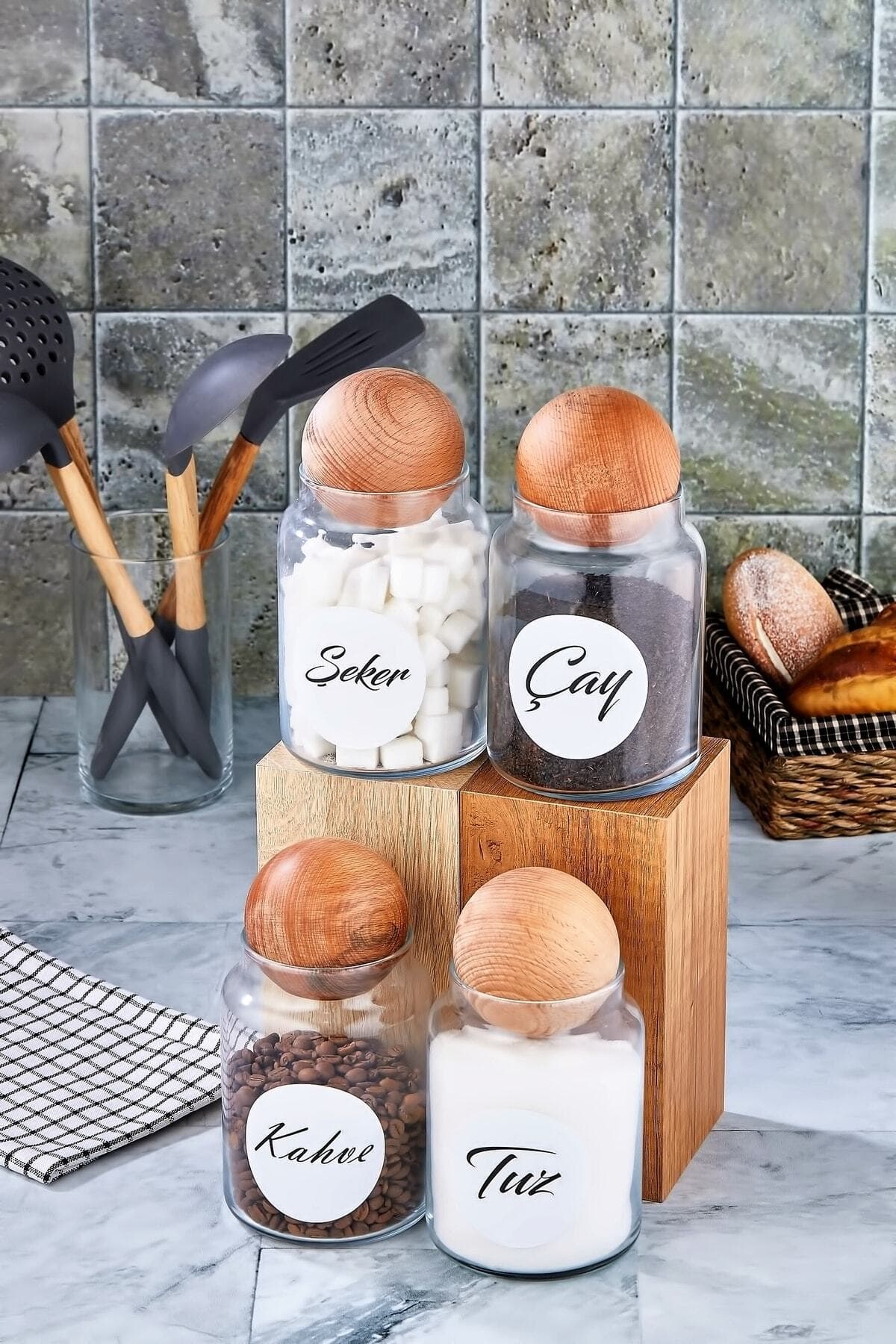 FBZhome 4'lü Ahşap Top Kapaklı Çay Şeker Kahve Tuz Saklama Kabı 800 Ml Etiketli Cam Kavanoz