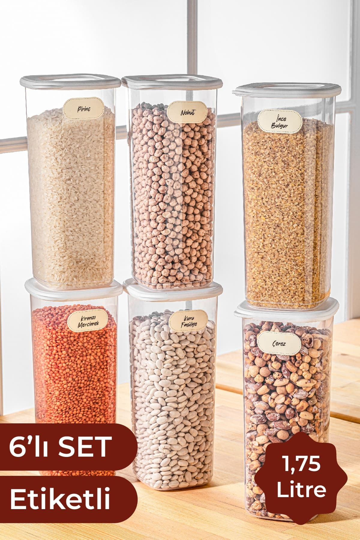 Vienev Etiketli Kare Erzak Saklama Kabı 6'lı Set Büyük Boy 1,75 Litre Beyaz