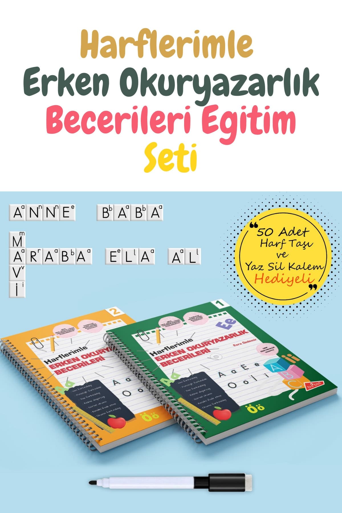BidiBadi Harflerimle Erken Okuryazarlık Becerileri Eğitim Seti - 50 Adet Harf Taşı Ve Kalem Hediyeli