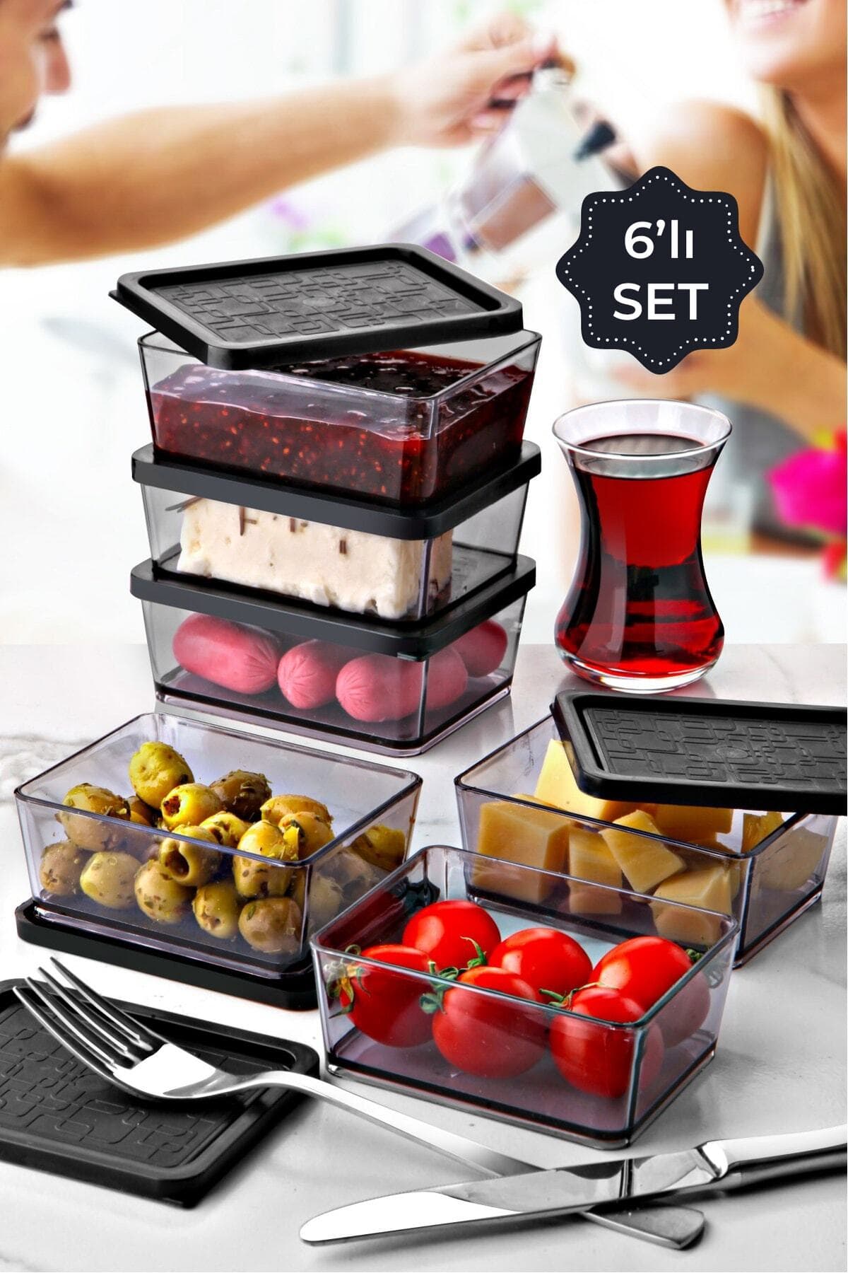 Vienev 6lı Multi Set Kahvaltılık Ikramlık Saklama Kabı Küçük Boy Siyah