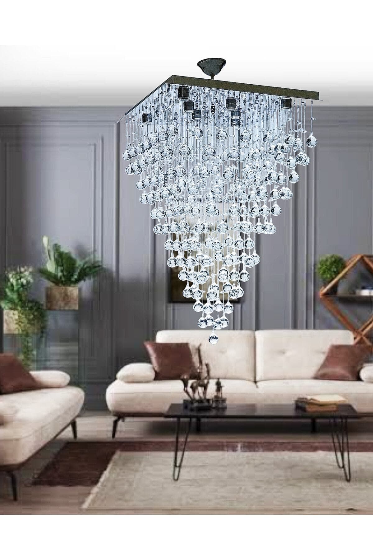 öalpa Yağmur 8 Duylu Paslanmaz Krom Rgb Led'li Kristal Taşlı Salon Model Avize
