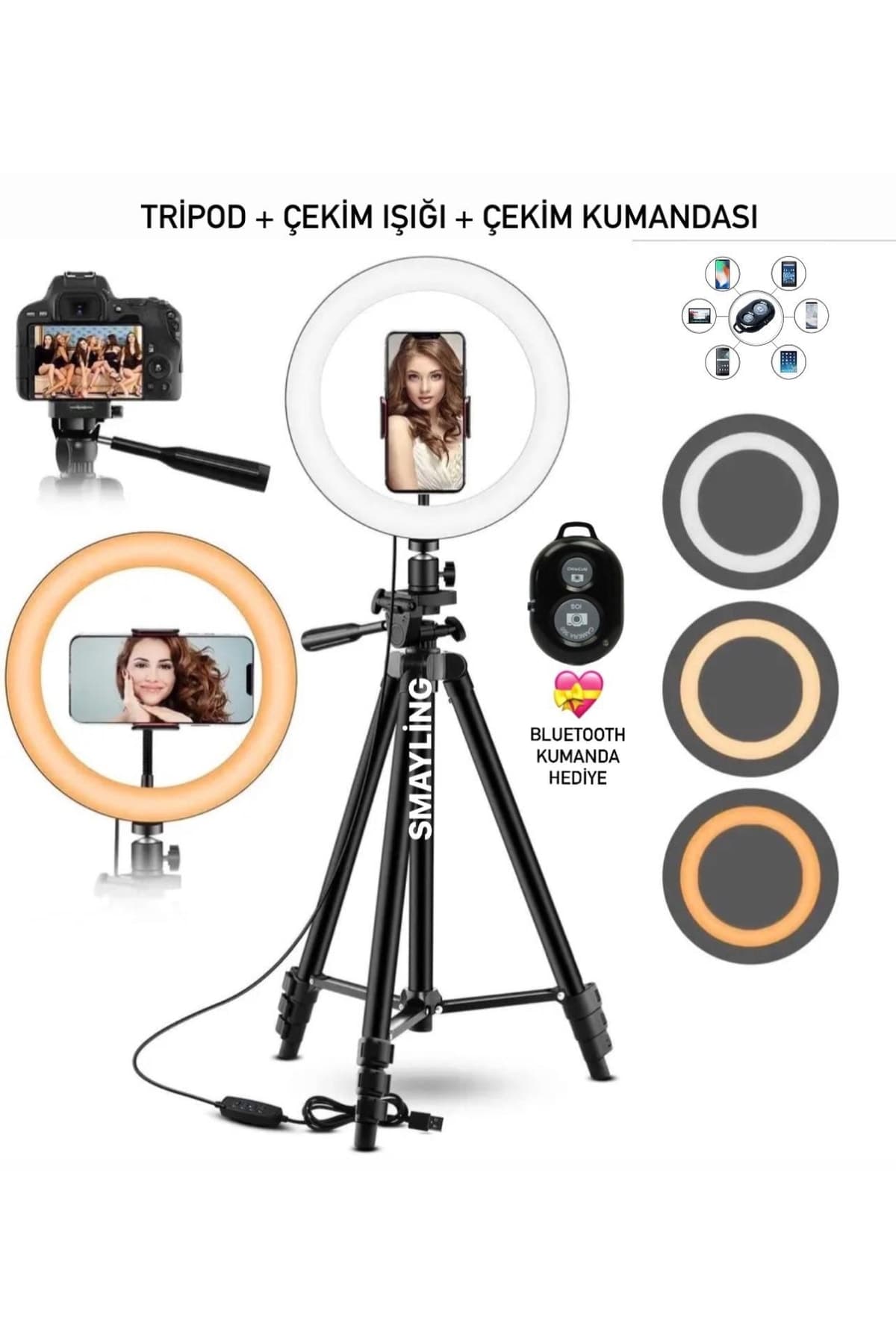 SMAYLİNG Tripod Çekim Işığı Halkası Youtuber Tiktoker Canlı Yayın Ekipman Bluetooth Kumanda Selfie Light Led