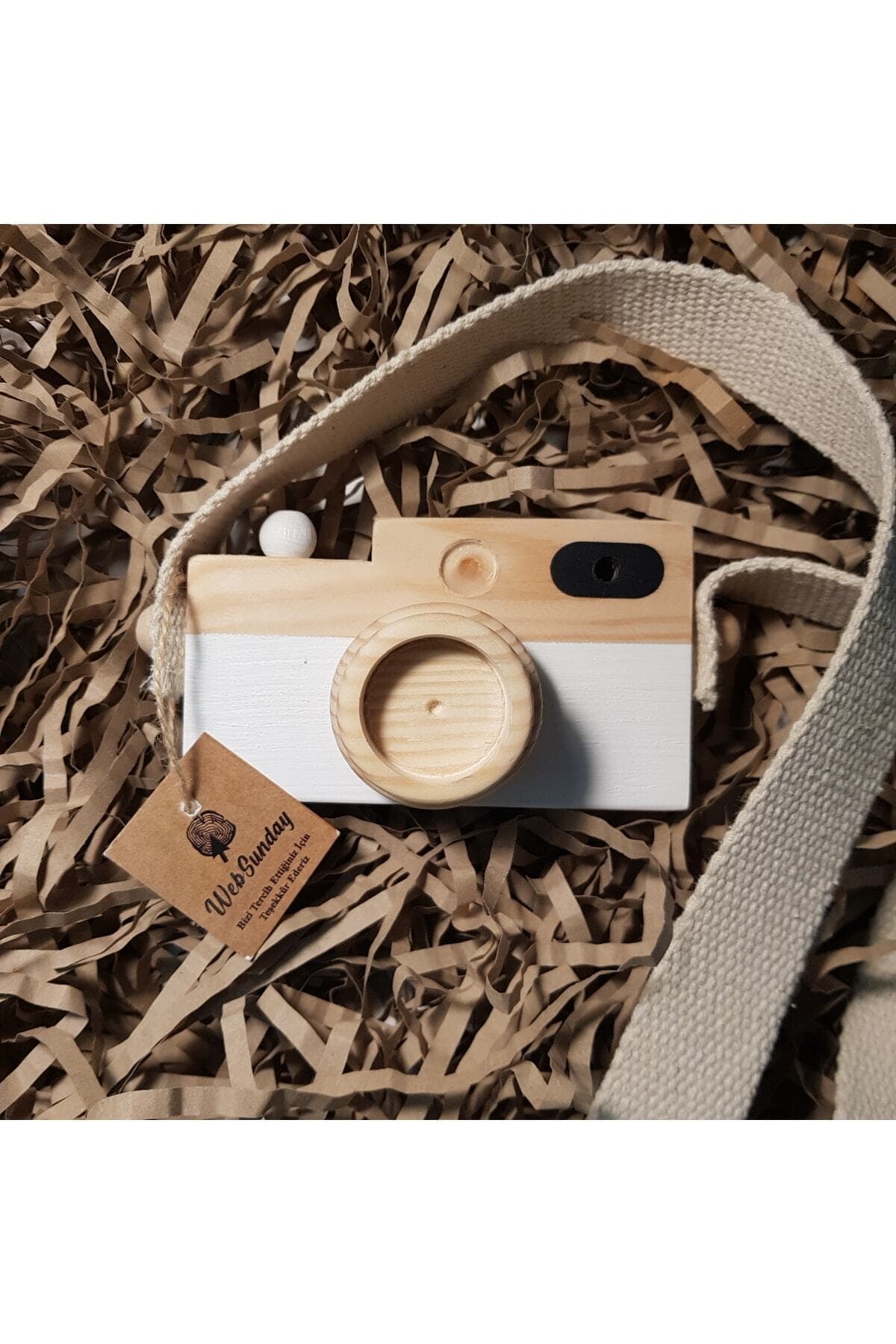 aswood Ahşap Oyuncak Fotoğraf Makinesi, Kız Erkek 0 - 3 Yaş Hediyelik Askılı Dekoratif Oyuncak -beyaz