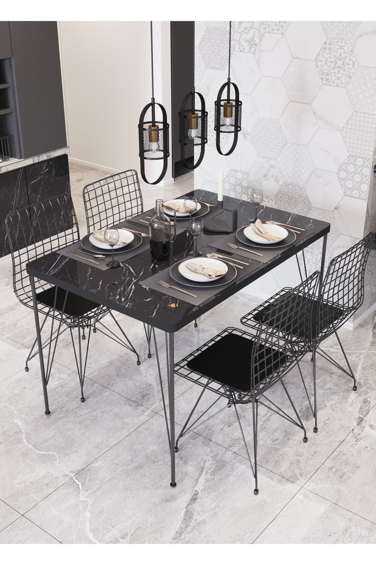 Avvio 80x120 Defne 4kişilik Yemek Masası Mutfak Masası Masa Sandalye Balkon Masası Mermer Desen Oval Kenar