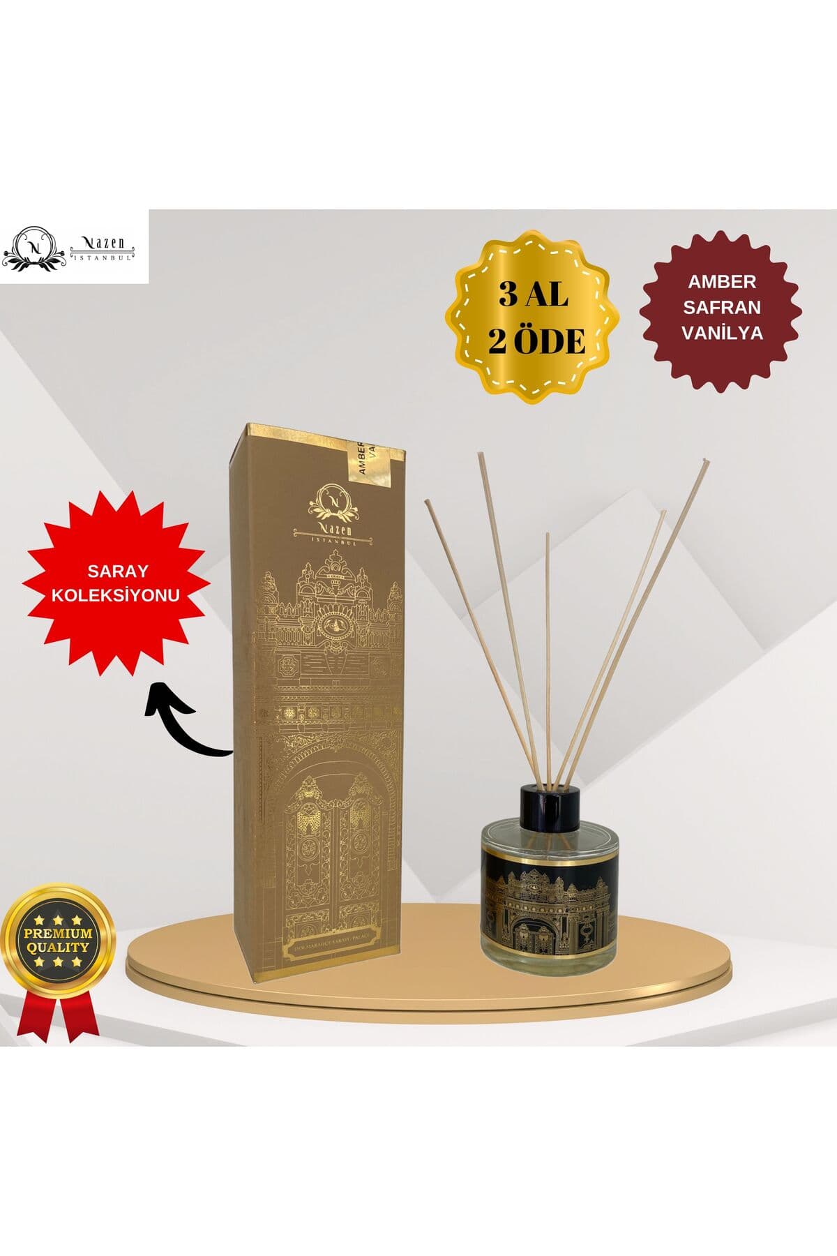 Nazen İstanbul Amber - Safran - Vanilya Saray Koleksiyonu Dekoratif 120 ml Bambu Çubuklu Oda Kokusu