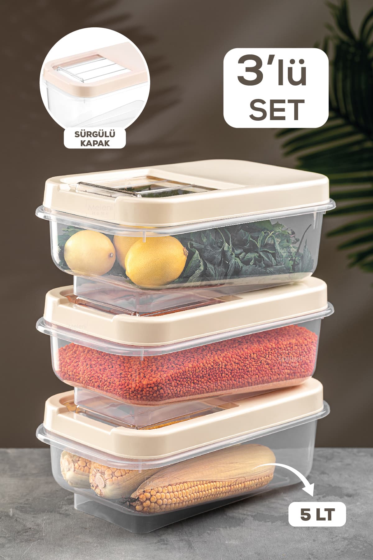 Meleni Home 3'lü Multibox 5 lt Bakliyat Saklama Kabı Kayar Kapaklı Erzak Saklama Kabı Un Kabı Krem
