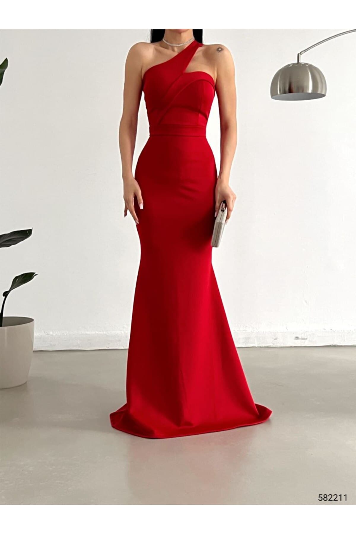 Secret Passion Lingerie Kırmızı Scuba Kumaş Yaka Detaylı Tek Omuzlu Uzun Abiye ve Mezuniyet Elbisesi 582211 707