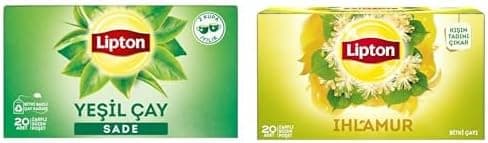 Lipton Sade Bardak Süzen Poşet Yeşil Çay 20li Paket, 30 g ve Lipton Ihlamur Bardak Süzen Poşet Bitki Çayı 20li Paket, 32 g