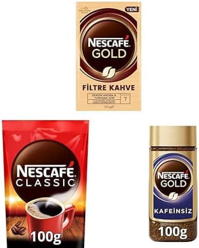 Nescafé Gold Filtre Kahve 250 g x 2, Nescafé Classic Çözünebilir Kahve Ekopaket 100 g x 1, Nescafe Gold Kafeinsiz Çözünebilir Kahve Cam 100 g x 1