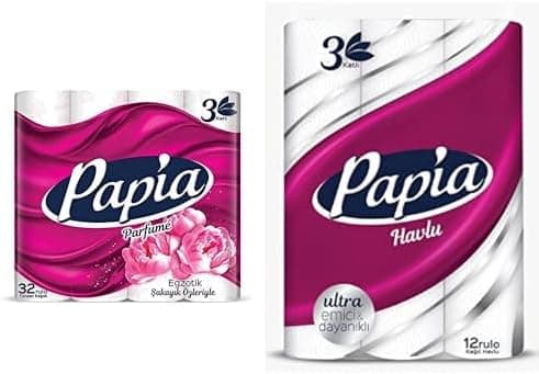 Papia 3 Katlı Egzotik Şakayık Özleriyle Parfümlü 32li Cilt Tuvalet Kağıdı (1 x 32 Rulo) ve Papia 3 Katlı Ultra Emici & Dayanıklı 12li Kağıt Havlu (1 x 12 Rulo)