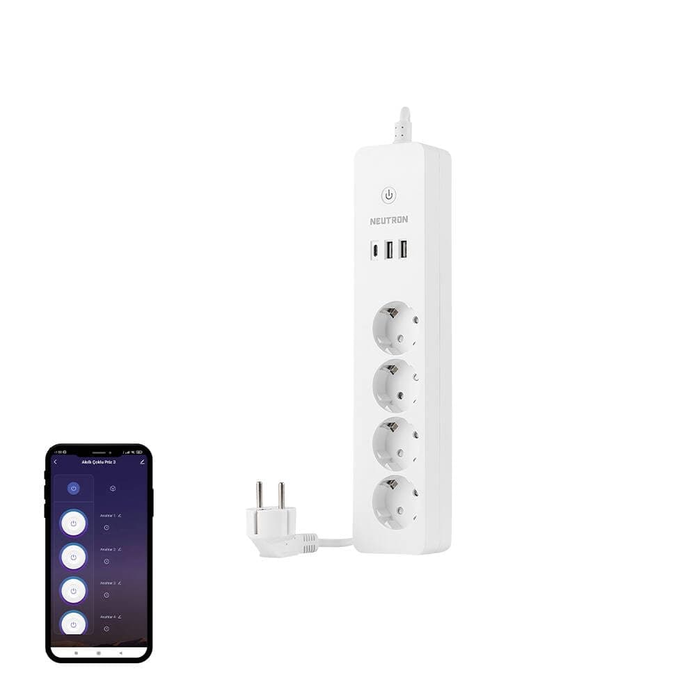 Akıllı Wi-fi Destekli 16a 4lü Çocuk Kilitli Akım Korumalı Çoklu Priz - NeutronLife Uygulaması Üzerinden Kontrol - Zamanlayıcı Fonksiyon - USB Type-C girişleri - 4lü Priz