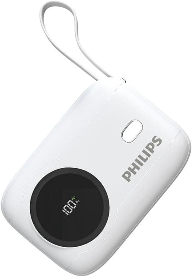 Philips DLP8722 Dahili Kablolu Powerbank, 10000 mAh, Dahili Type-C ve Lightning Kablo, Dijital Ekran, 3.6V, Akım Korumalı, Aşırı Şarj Korumalı, 182g (Beyaz)