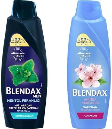 Blendax Erkekler için Mentol Ferahlığı Nane Özlü Şampuan, 500 ml ve Blendax Anında Parlaklık ve Yumuşaklık Kiraz Çiçeği Özlü Şampuan, 500 ml