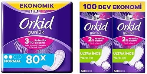 Orkid Günlük Ped Normal Dev Ekonomi Paketi 80 Ped ve Orkid Yaprak Günlük Ped Normal Dev Ekonomik Paket 100 Ped