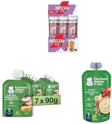 NESCAFÉ Milky Ice Choco Çikolata Aromalı 24lü Paket x 1, Gerber Organik Muz Yabanmersini Böğürtlen ve Elma Püresi 90 g x 7 x 2, Gerber Organic Yulaflı Elma Çilek ve Muz Püre 110g x 1