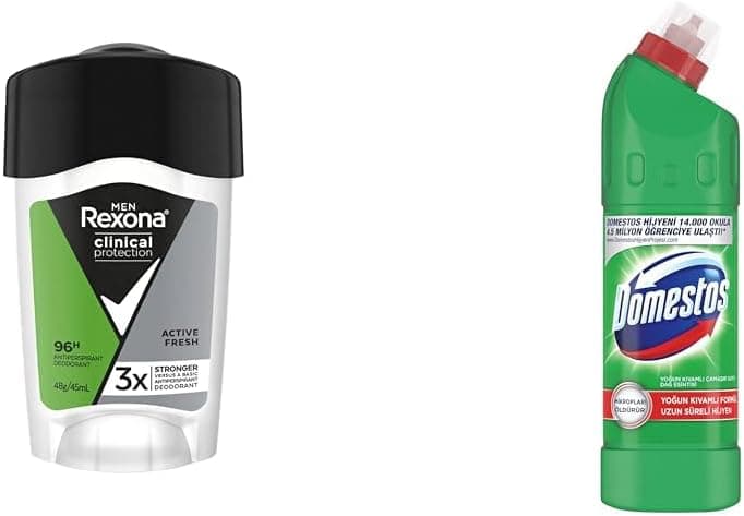 Rexona Men Clinical Protection Stick Deodorant Active Fresh 45 ml(1) Domestos Yoğun Kıvamlı Çamaşır Suyu Maksimum Hijyen Dağ Esintisi, 750 ml(2)