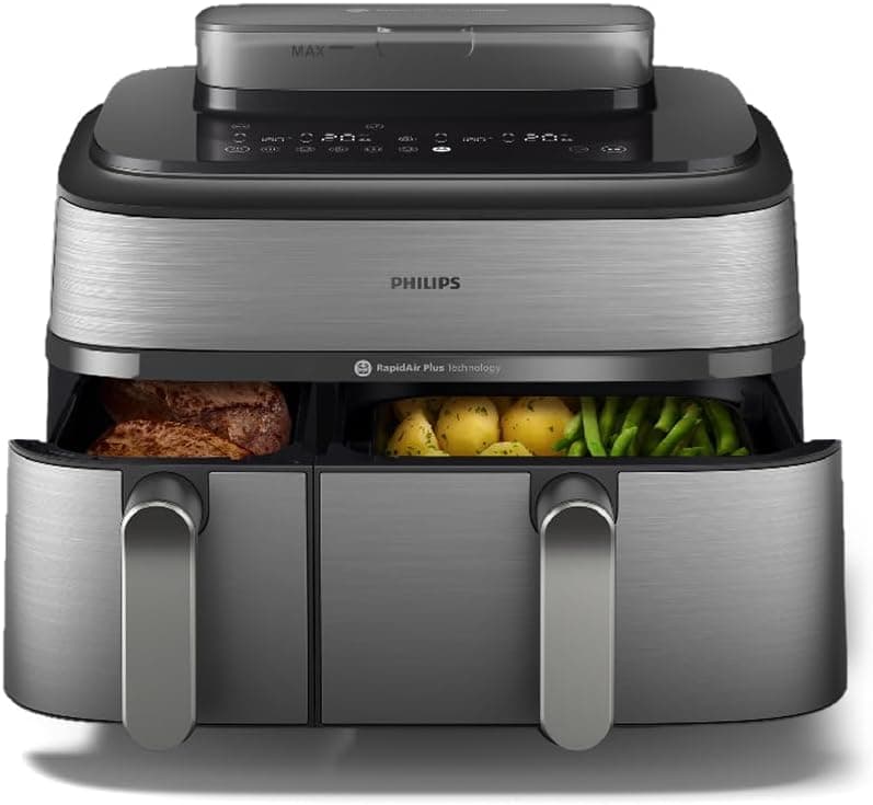 Philips Airfryer 5000 Serisi Çift Sepetli Buharlı - Benzersiz Buharlı Kızartma, Buhar ve Kızartma - 19 Pişirme Yöntemi; 9L Kapasite, RapidAir Plus Teknolojisi, Otomatik Buhar Temizleme (NA555/00)