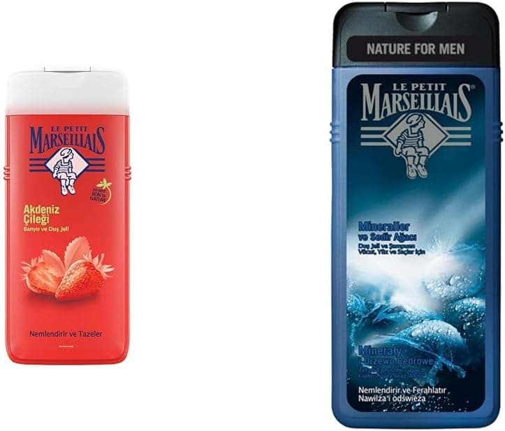 Le Petit Marseillais Duş Jeli Akdeniz Çileği (650 ml) ve le petit marseillais duş jeli men serisi mineral ve sedir ağacı (400 ml)