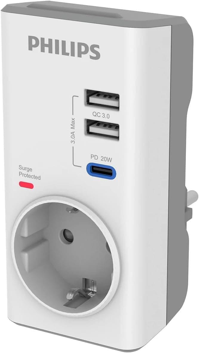 Philips CHP8010W Tekli Akım Koruma Priz, 380J, 2x USB-A out, 1x USB-C out (PD & QC 3.0), Beyaz