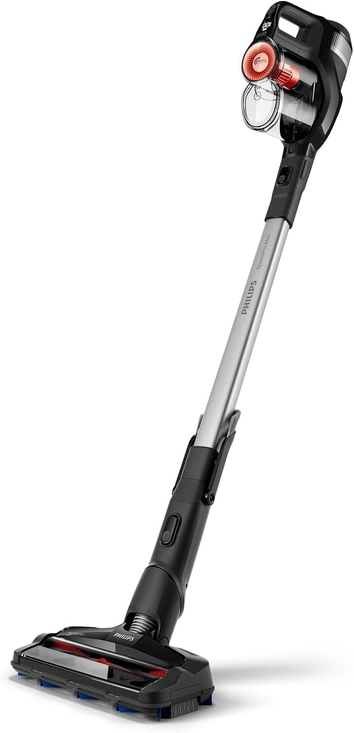 Philips SpeedPro Max Kablosuz Dik Süpürge, 2si 1 arada: Dikey& El Süpürgesi, 360 derece emiş başlığı, 65 dakika çalışma süresi, PowerCyclone 8, Koyu Siyah (XC7040/01)