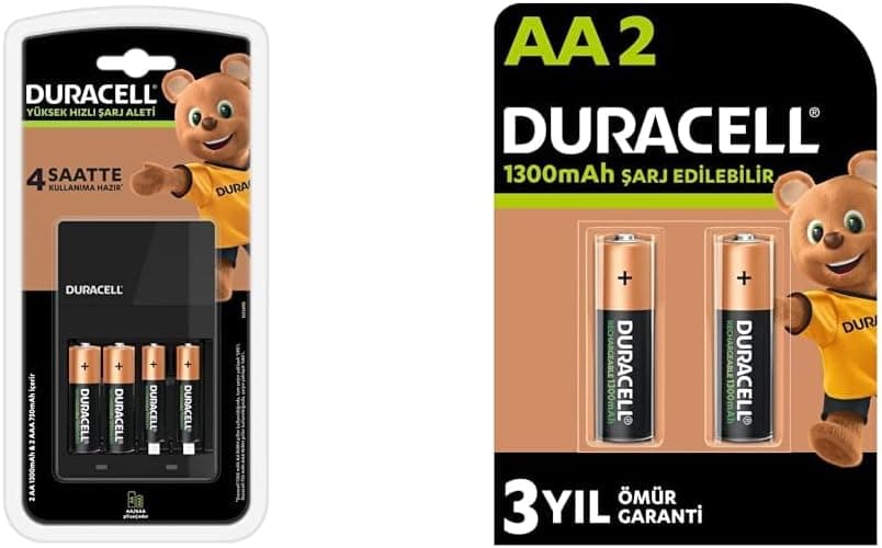 Duracell Cef14 4 Saat Pil Şarj Cihazı, 1 Adet + 2şer Adet Şarj Edilebilir AA ve AAA Pil (Duracell CEF 14 Şarj Aleti, 1 Adet) + Duracell Şarj Edilebilir AA 1300 mAh Kalem Piller, 2li