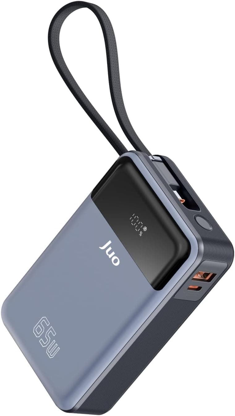 Juo 20000mAh 65W LED Ekranlı USB-A + Type-C Kablolu Taşınabilir Hızlı Şarj Cihazı Powerbank