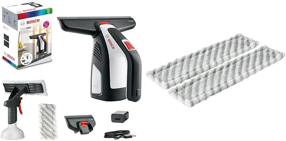 Bosch Glassvac Akülü Cam Temizleme Makinesi & GlassVAC Yedek Mikrofiber Bez (Büyük)