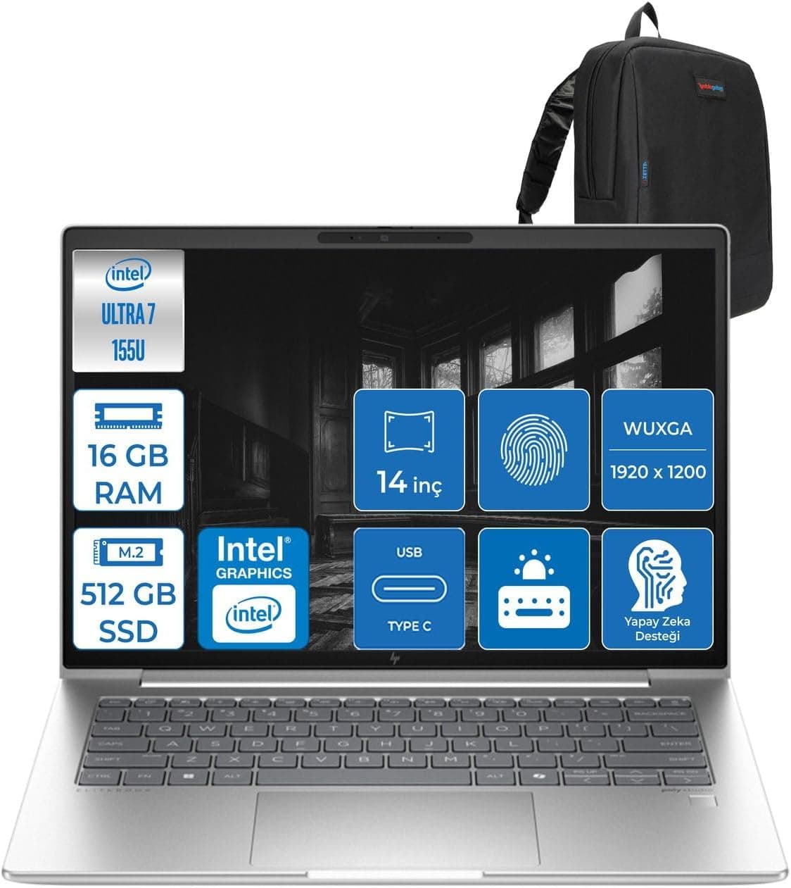 Hp Elitebook 640 G11 Ultra7 155U 16GB Ddr5 512GB SSD 14" Fhd 400NIT Wuxga Windows 11 Home Taşınabilir Bilgisayar HA23E2EAH28 + Zettaçanta