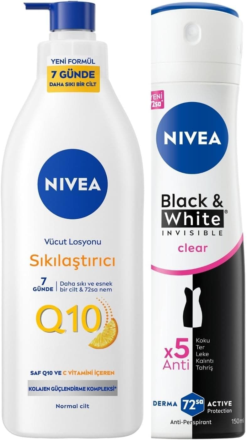NIVEA Kadın Sprey Deodorant Black&White Invisible Clear 150 ml + NIVEA Q10 Sıkılaştırıcı Vücut Losyonu 400 ml