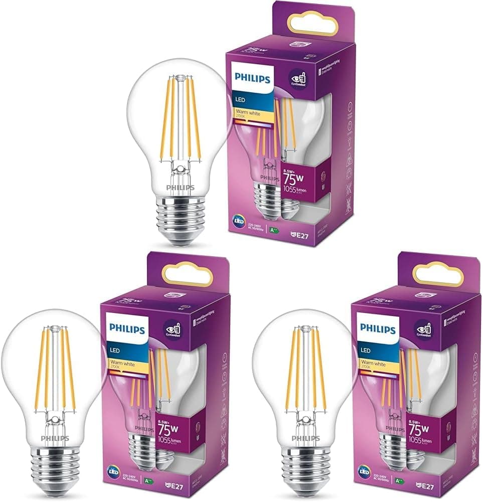 Philips LED Classic 75W A60 Filament Ampul, 2700 Sarı Işık, E27 Normal Duy, Dim Edilmez 3lü paket