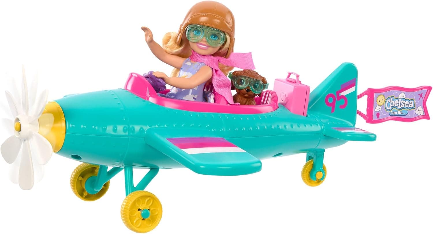 Barbie Chelsea Meslekleri Öğreniyor Bebek ve Uçak Oyun Seti, papatya şeklinde pervaneye sahip iki koltuklu uçak, yavru köpek ve çıkartmalarla birlikte 7 aksesuar, HTK38