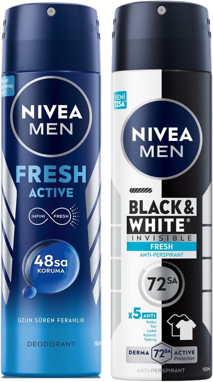 NIVEA Men Erkek Sprey Deodorant Black& White Invisible Fresh 150 ml + NIVEA Men Erkek Sprey Deodorant Fresh Active 150ml