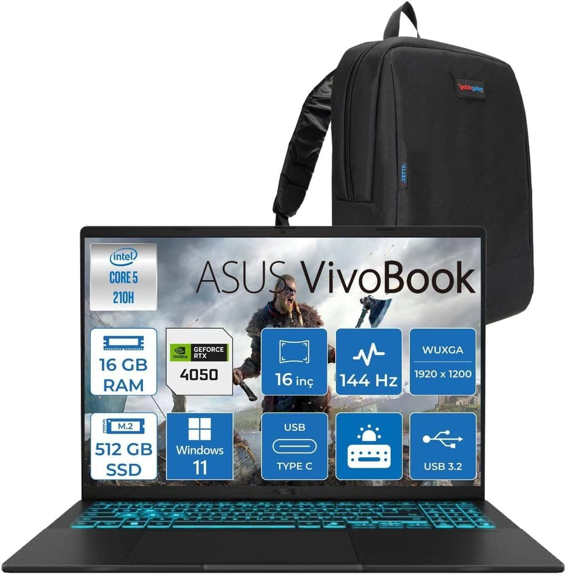 Asus Vivobook 16 V3607VU Intel Core 5 210H 16GB 512GB SSD RTX4050 6gb Windows 11 Home 16" Wuxga 144HZ 300NITS Taşınabilir Bilgisayar RP276H01 + Zetta Çanta