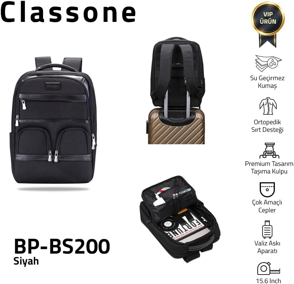 Classone BP-BS200 Business VIP B2 -Serisi 15.6 inch Uyumlu WTX Pro Su Geçirmez Kumaş Laptop Sırt Çantası -Siyah