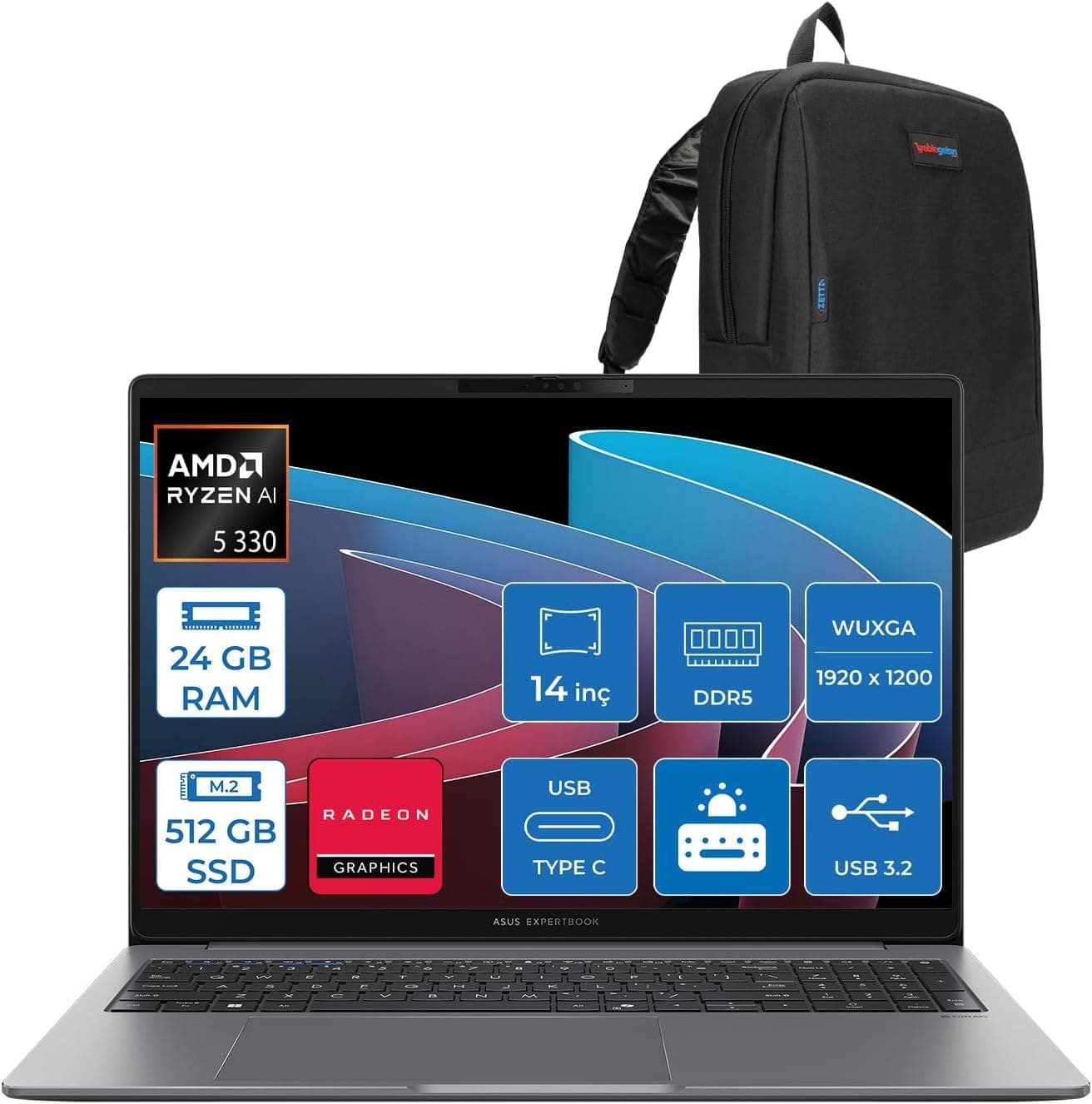 Asus ExpertBook P3 PM3406CKA Ryzen AI 7-350 24GB DDR5 512GB SSD Radeon 860M 14.0-inch, WUXGA (1920 x 1200) 300nits Freedos Taşınabilir Bilgisayar PM3406CKAF02+ZettaÇanta