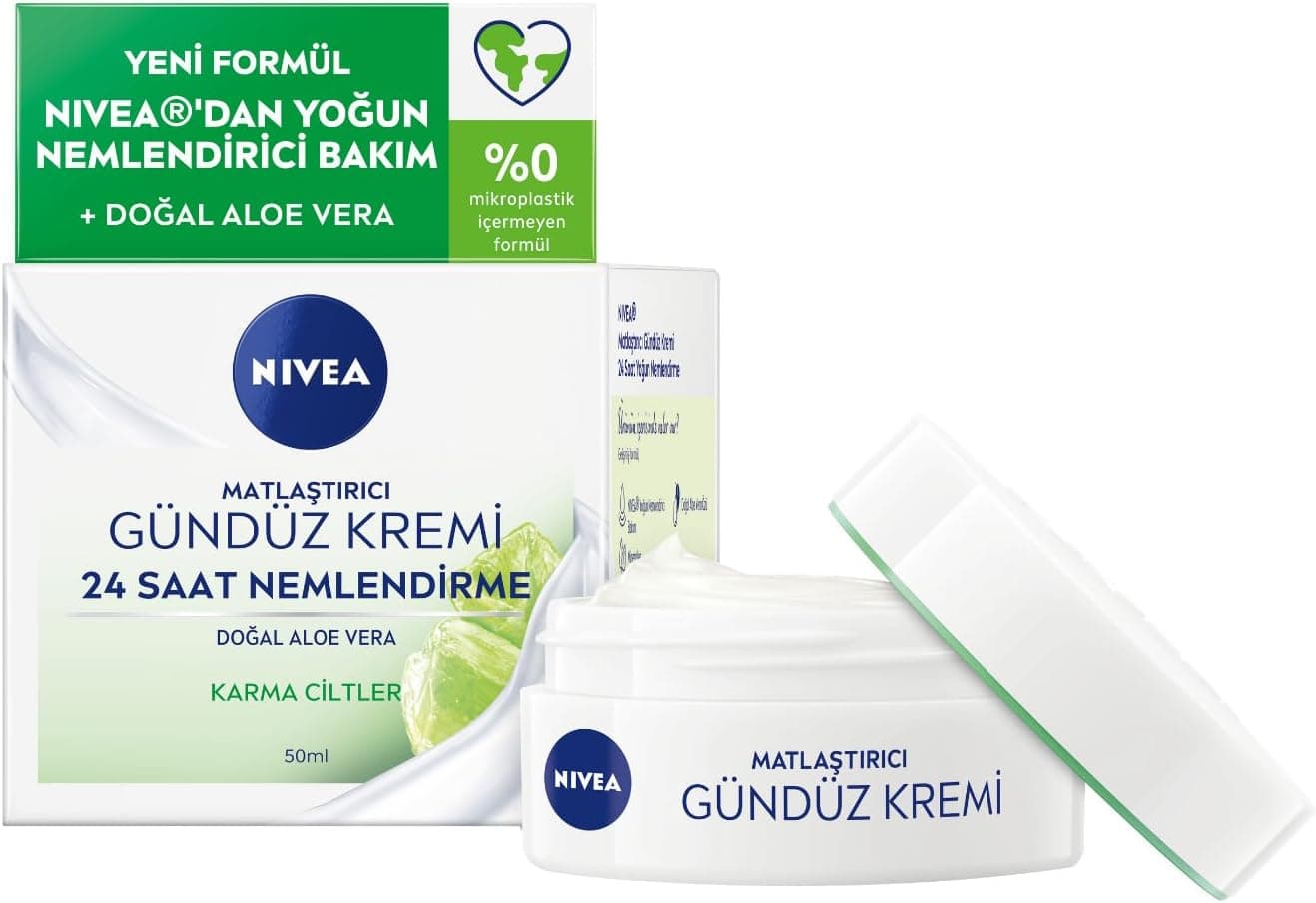 NIVEA Matlaştırıcı Gündüz Yüz Bakım Kremi 50 ml, 24 Saat Yoğun Nemlendirici, SPF15, Aloe Vera, Karma Ciltler