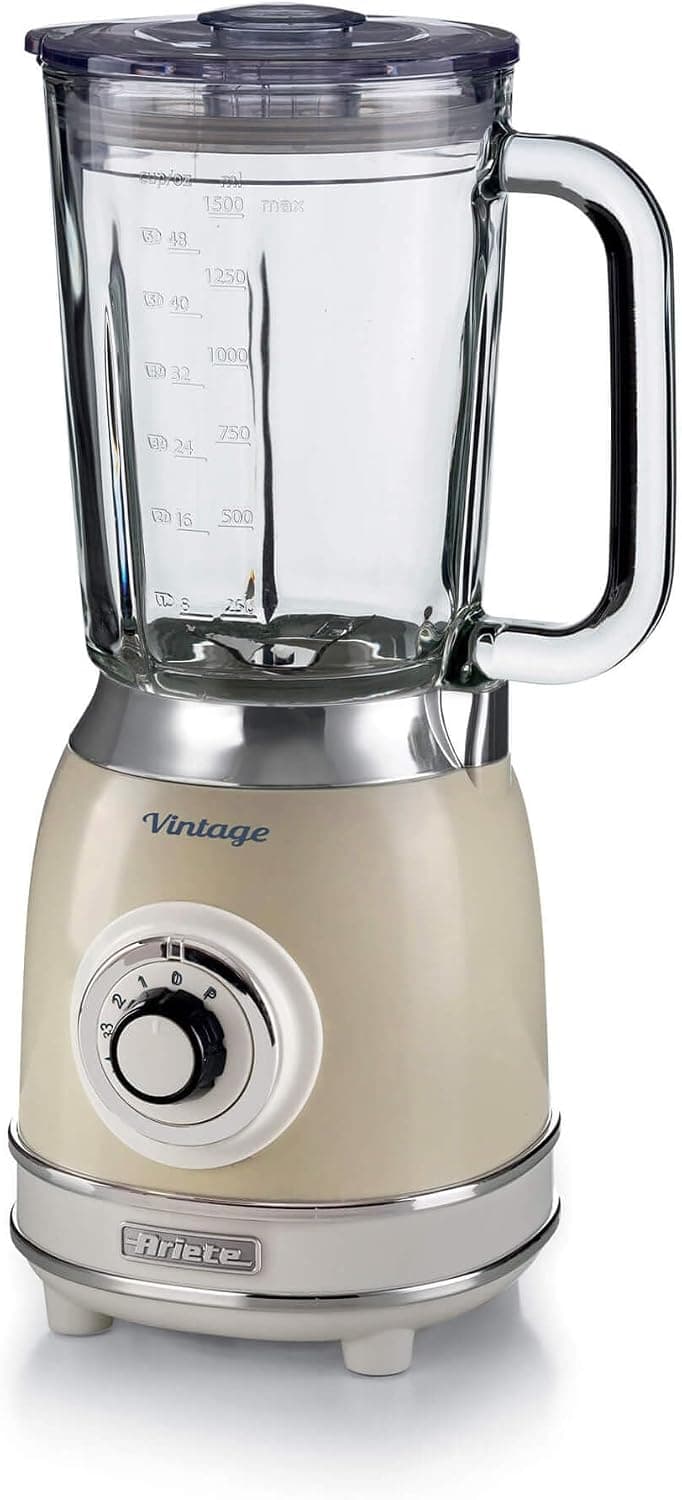 Ariete Vintage Cam Blender Bej 0583/03-1,5 Litre Kapasiteli Cam Sürahi, 4 Hız Kademesi, Pulse Özelliği ve Buz kırma Fonksiyonu, 4 Paslanmaz Çelik Bıçak ile Güçlü Performans