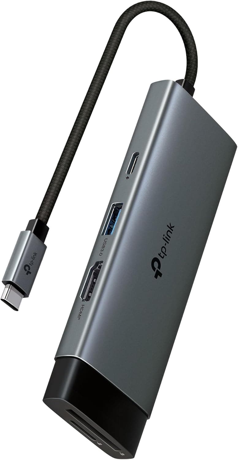 TP-Link UH7021C | USB-C 7’si 1 Arada Hub | 4K@60Hz HDMI, 100W PD, 3× USB 3.0, SD & microSD UHS-I (200 MB/s), Tak-Çalıştır, Alüminyum Tasarım