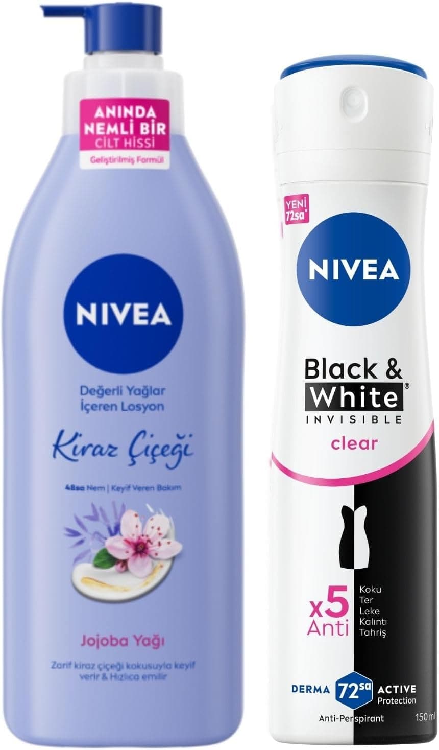 NIVEA Kadın Sprey Deodorant Black&White Invisible Clear 150 ml+ NIVEA Değerli Yağlar İçeren Vücut Losyonu Kiraz Çiçeği & Jojoba Yağı, 400 ml
