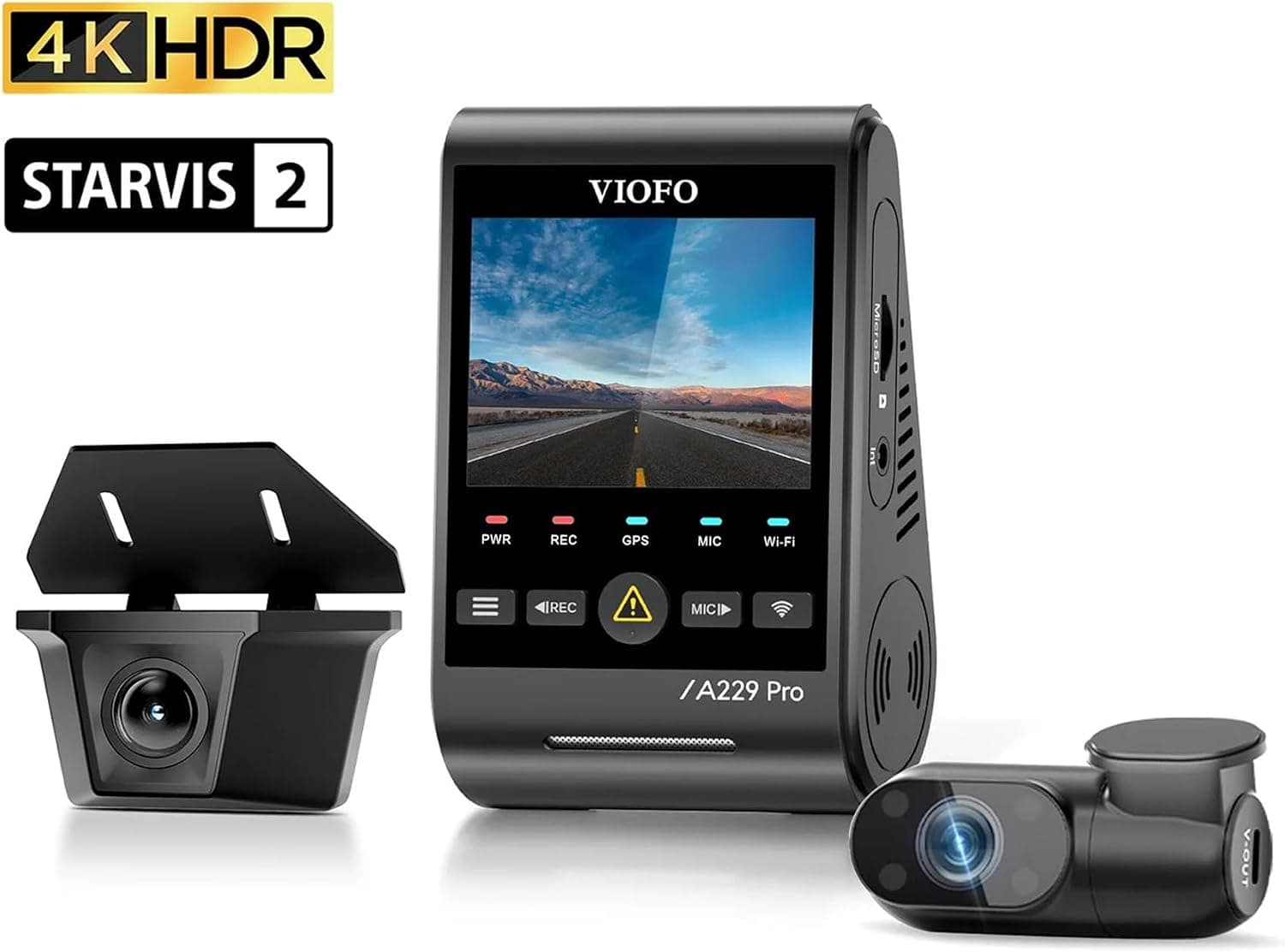 Viofo A229 Pro W 3 Kameralı Ön+Arka Su Geçirmez+İç 4K+2K+1080P Sony STARVIS 2 Sensör GPSli Araç Kamerası