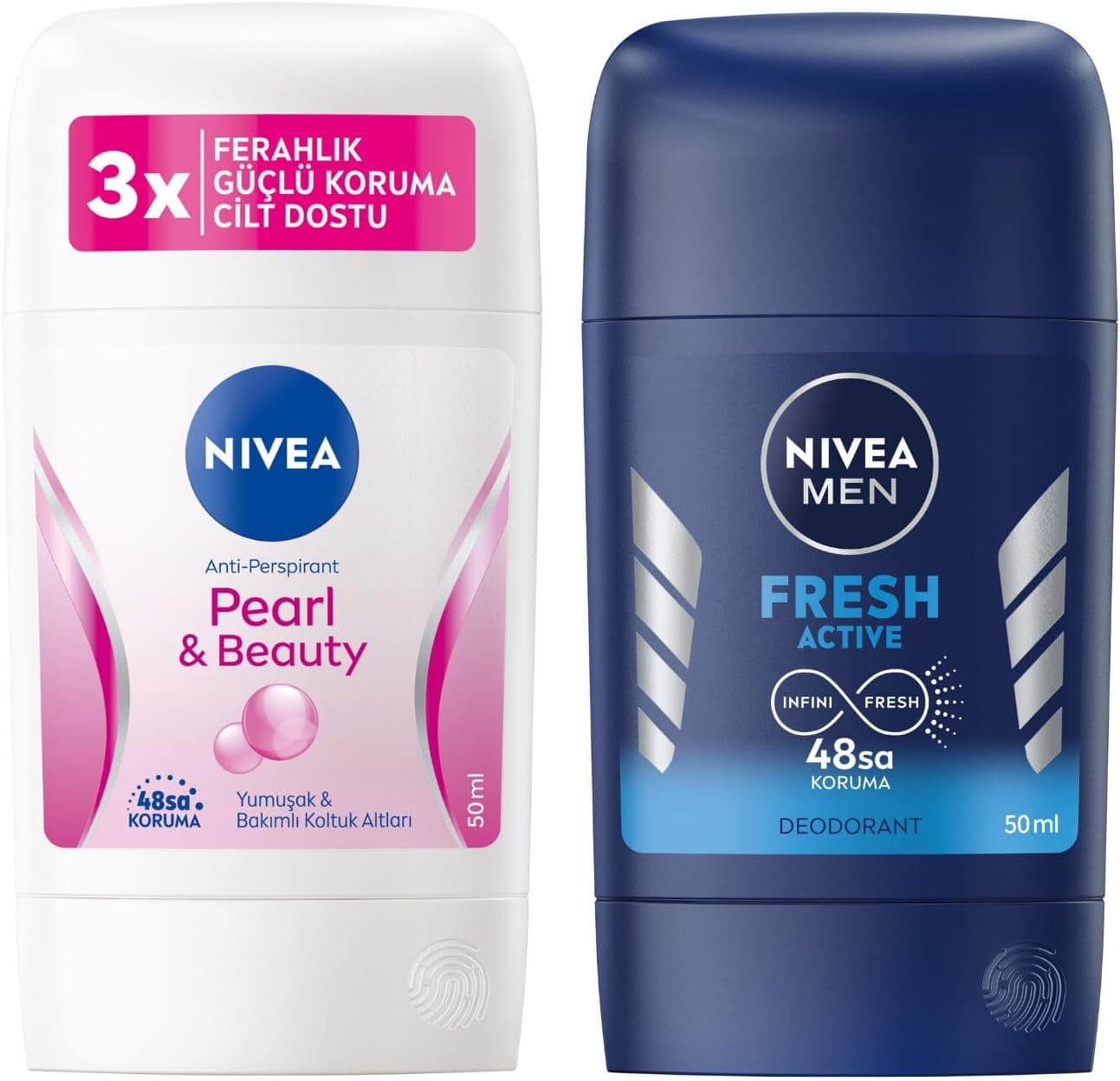 NIVEA Kadın Stick Deodorant Pearl&Beauty,48 Saat Anti-perspirant Koruma 50ml ve NIVEA Men Erkek Stick Deodorant Fresh Active Ter ve Ter Kokusuna Karşı 48 Saat Deodorant Koruması, 50 ml