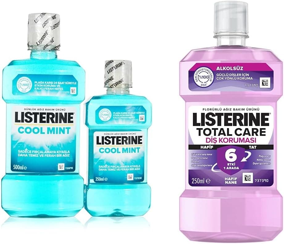 LISTERINE Coolmint Ağız Bakım Suyu 500 ml 250 ml ve Listerine, Total Care, Diş Koruyucu, 6 Etkili Florürlü Ağız Bakım Ürünü, Hafif Tat, Sıfır Alkol, Nane Aromalı, 250ml