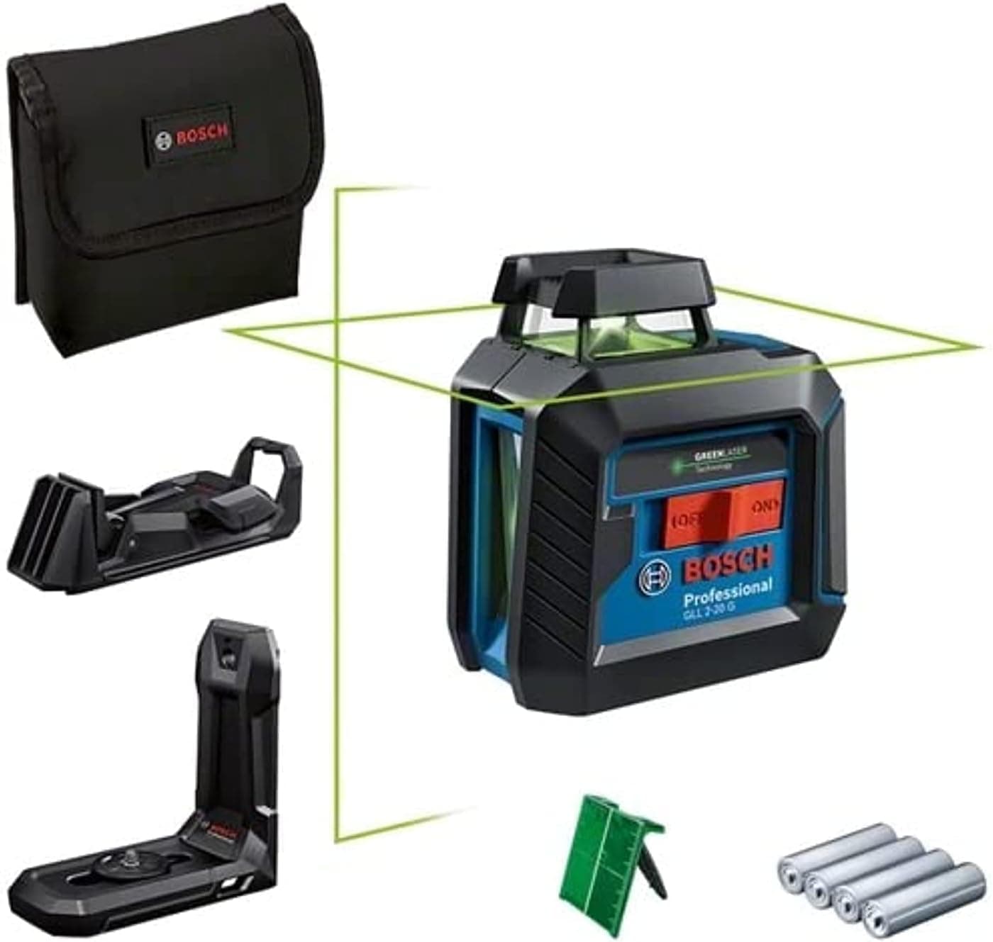 Bosch Professional GLL 2-20 G Çizgi Lazer (20m Çalışma Alanı, 4 x AA Pil, IP 64 Toza Karşı Koruma Sistemi, Yeşil Lazer, LB10 Tutucu, DK10 Tavan Klipsi, Takım Çantası)