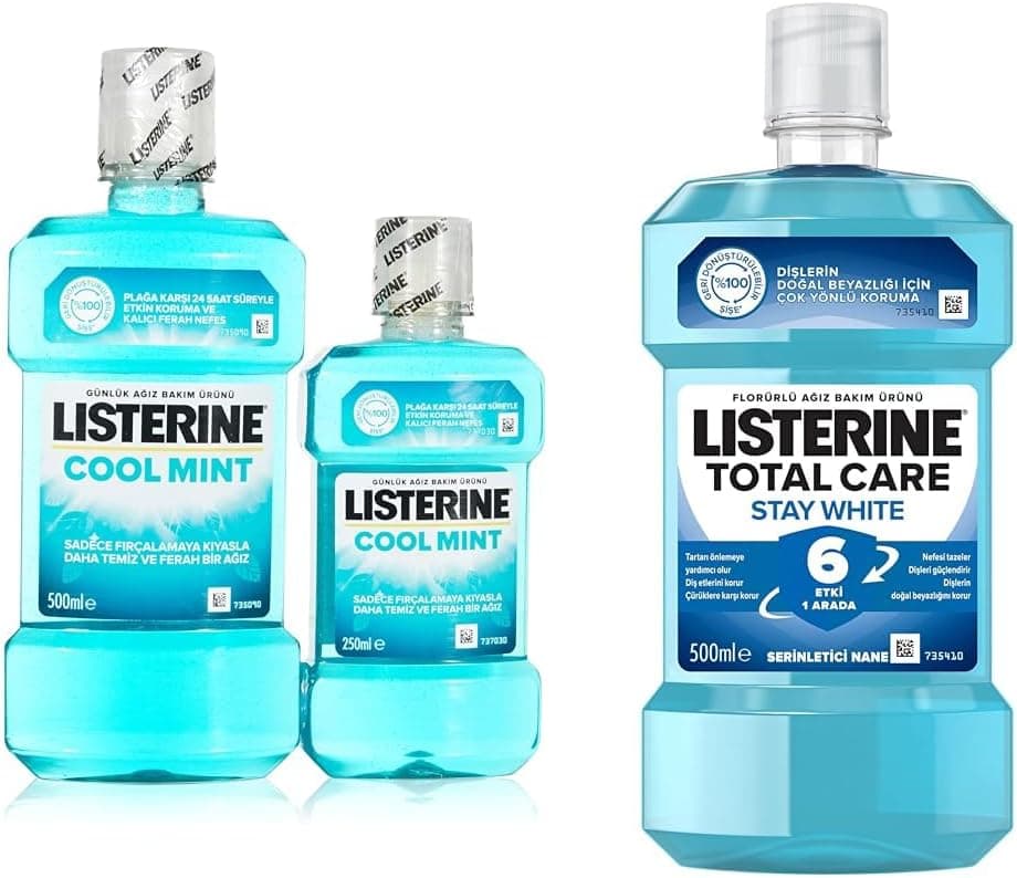 LISTERINE Coolmint Ağız Bakım Suyu 500 ml 250 ml ve Listerine Total Care Stay White Günlük Ağız Bakım Suyu 500 ml